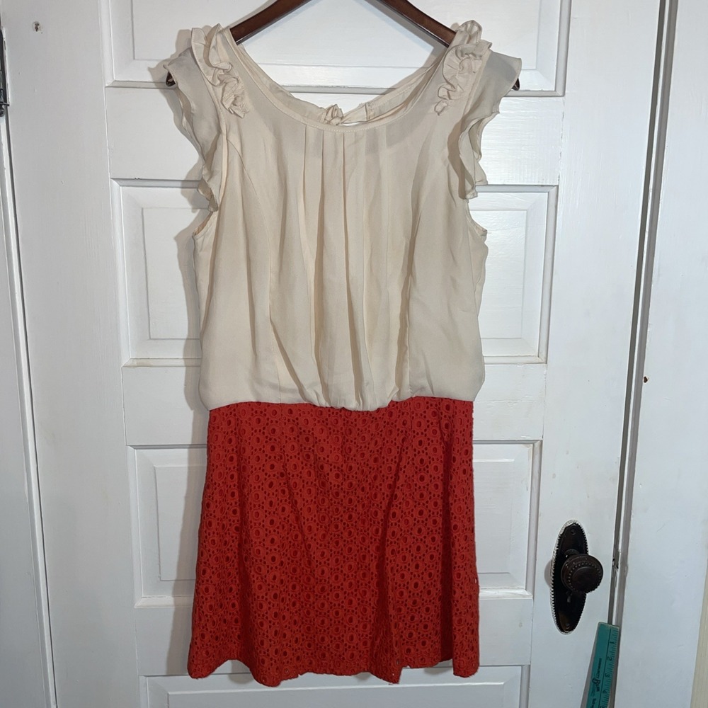 a'reve flowy dress ruffled shoulders pleated top eyelet‎ bottom cream and red